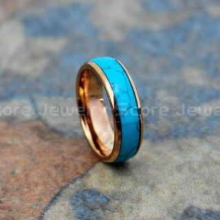 Turquoise Ring, Turquoise Wedding Band, Turquoise Band, 6mm 14K Rose Gold Tungsten Band, Rose Gold Wedding Band, Turquoise Tungsten Wedding Ring