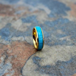 Turquoise Ring, Turquoise Wedding Band, 6mm 14K Yellow Gold Tungsten Band, Turquoise, Turquoise Tungsten Wedding Ring