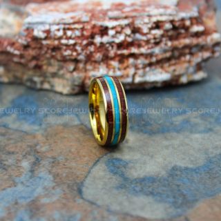 Turquoise Ring, Turquoise Wedding Band, Koa Wood Ring, 14K Yellow Gold Wedding Band, Yellow Gold Tungsten Band, Turquoise Tungsten Wedding Ring, Koa Wood Tungsten Ring, Koa Wood Wedding Band