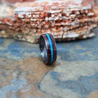 Turquoise Ring, Turquoise Wedding Band, Koa Wood Ring, Damascus Steel Pattern Blue Wedding Band, Blue Tungsten Band, Turquoise Tungsten Wedding Ring, Koa Wood Tungsten Ring, Koa Wood Wedding Band