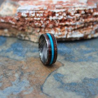 Turquoise Ring, Turquoise Wedding Band with Damascus Steel Pattern, Koa Wood Ring, Black Wedding Band, Black Tungsten Band, Turquoise Tungsten Wedding Ring, Koa Wood Tungsten Ring, Koa Wood Wedding Band