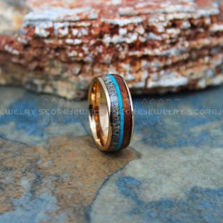 Turquoise Ring, Turquoise Wedding Band, Antler Ring, Antler Wedding Band, Koa Wood Ring, 14K Rose Gold Tungsten Wedding Band, Turquoise Tungsten Wedding Ring, Koa Wood Tungsten Ring