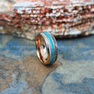Turquoise Ring, Turquoise Wedding Band, Antler Ring, Antler Wedding Band, Deer Antler Ring, 14K Rose Gold Tungsten Wedding Band, Turquoise Tungsten Wedding Ring, Tungsten Ring