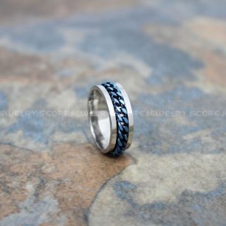 Silver Stainless Steel Ring, Spinner Ring with Blue Plated Steel Chain Link Inlay, Silver Wedding Band, Silver Spinner Ring