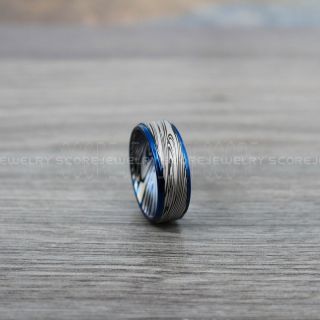 Damascus Steel Ring, Damascus Steel Wedding Band, Black Ring, Black Tungsten Band Damascus Steel Pattern Laser Engraved Tungsten Wedding Ring