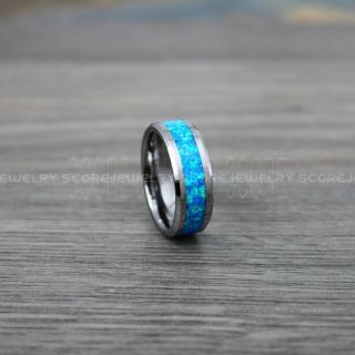 Opal Ring, Blue Opal Ring, Silver Tungsten Band with Opal Inlay, Opal Wedding Band, Opal Wedding Ring, Silver Tungsten Ring