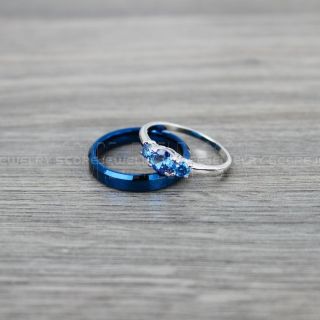 2 Piece Set Wedding Rings Set, Blue Wedding Bands, Sterling Silver Engagement Ring, Blue Wedding Rings, Blue Tungsten Wedding Rings