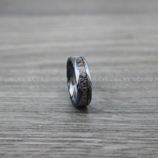 Deer Antler Ring, Deer Antler Wedding Band with Damascus Steel Pattern, Antler Ring, Antler Wedding Ring, Deer Antler Wedding Ring, Blue Tungsten Band, Genuine Deer Antler Inlay Ring