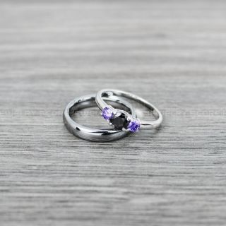 Silver Wedding Band, Silver Wedding Ring, 2 Piece Wedding Ring Set 4mm Silver Tungsten Band and 3mm .925 Sterling Silver Three Stone Engagement Ring