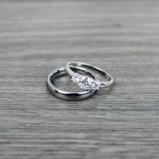 Silver Wedding Band, Silver Wedding Ring, 2 Piece Wedding Ring Set 4mm Silver Tungsten Band and 3mm .925 Sterling Silver Three Stone Engagement Ring