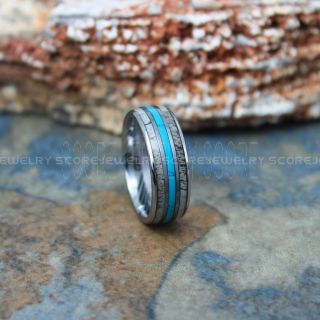 Turquoise Ring, Turquoise Wedding Band with Damascus Steel Pattern, Antler Ring, Antler Wedding Band, Deer Antler Ring, Silver Tungsten Wedding Band, Turquoise Tungsten Wedding Ring, Tungsten Ring