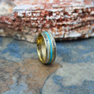 Turquoise Ring, Turquoise Wedding Band with Damascus Steel Pattern, Antler Ring, Antler Wedding Band, Deer Antler Ring, Yellow Gold Tungsten Wedding Band, Turquoise Tungsten Wedding Ring, Tungsten Ring
