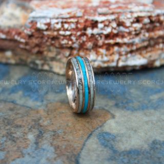 Turquoise Ring, Turquoise Wedding Band with Damascus Steel Pattern, Antler Ring, Antler Wedding Band, Deer Antler Ring, Rose Gold Tungsten Wedding Band, Turquoise Tungsten Wedding Ring, Tungsten Ring