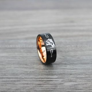 Fishing Ring, Fish Hook Ring, Bass Ring, Bass Fishing Ring, Black Ring, Black Tungsten Ring, Black Wedding Band, Hunting Ring, Fish Hooks Wedding Band