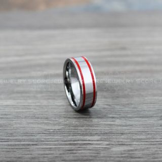 Red Ring, Red Wedding Ring, Silver Tungsten Ring with Two Red Grooves, Silver Wedding Band, Silver Wedding Ring