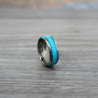 Turquoise Ring, Turquoise Wedding Band, Black Tungsten Band Turquoise Inlay, Damascus Steel Pattern Laser Engraved, Turquoise Tungsten Wedding Ring