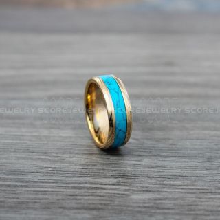 Turquoise Ring, Turquoise Wedding Band, 14K Rose Gold Tungsten Band Turquoise Inlay, Damascus Steel Pattern Laser Engraved, Turquoise Tungsten Wedding Ring