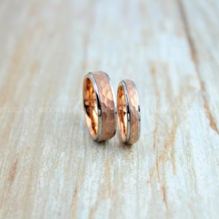 Hammered Tungsten Rings, 14K Rose Gold Tungsten Wedding Bands, 2 Piece Couple Set Hammered Wedding Bands, Rose Gold Hammered Wedding Rings, Rose Gold Wedding Rings