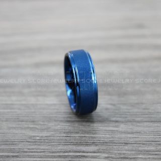 Sandblasted Ring, Sand Blast Finish Tungsten Ring, 8mm Blue Tungsten Band with Step Edge Sandblasted Finish Tungsten Wedding Band, Blue Wedding Ring, Sandblasted Tungsten Ring
