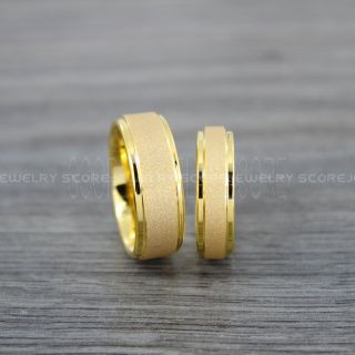 Sandblasted Rings, Sand Blast Finish Tungsten Rings, 2 Piece Couple Set Yellow Gold Tungsten Bands with Step Edge Sandblasted Finish Tungsten Wedding Bands, Yellow Gold Wedding Rings, Sandblasted Tungsten Rings