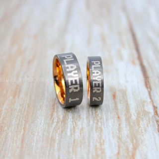 Player 1 Player 2 Rings, Gamer Rings, Gunmetal Tungsten Rings, Gunmetal Wedding Bands, Couple Ring Set Gunmetal  Gamer Rings