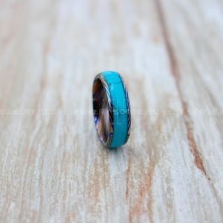 Turquoise Ring, Turquoise Wedding Band, Blue Tungsten Band Turquoise Inlay, Damascus Steel Pattern Laser Engraved, Turquoise Tungsten Wedding Ring