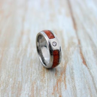 Koa Ring, Koa Wood Ring, Damascus Steel Pattern Koa Wood Wedding Band, 8mm Silver Wedding Band, Silver Tungsten Ring, AAAA White CZ Stone 