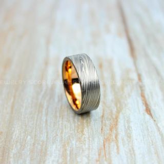 Gunmetal Ring, Damascus Steel Ring, Rose Gold Ring, Rose Gold Tungsten Band, Damascus Steel Pattern Laser Engraved Tungsten Wedding Ring