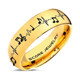 Music Ring, Music Heartbeat Ring, Music Sheet Ring, Music Jewelry, Piano Ring, 14K Yellow Gold Tungsten Ring, Yellow Gold Ring, Yellow Gold Wedding Band, Treble Clef Note Ring, Music Notes Ring