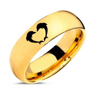 Dolphins Ring, Dolphin Heart Ring, Dolphin Wedding Ring, Dolphin Wedding Band, Marine Life Ring, Bottlenose Dolphins Ring, Yellow Gold Tungsten Ring, Yellow Gold Tungsten Wedding Band, Ocean Life Wedding Band