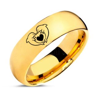 Dolphins Ring, Dolphin Heart Ring, Dolphin Wedding Ring, Dolphin Wedding Band, Marine Life Ring, Bottlenose Dolphins Ring, Yellow Gold Tungsten Ring, Yellow Gold Tungsten Wedding Band, Ocean Life Wedding Band