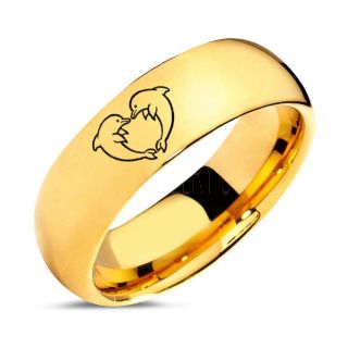 Dolphins Ring, Dolphin Heart Ring, Dolphin Wedding Ring, Dolphin Wedding Band, Marine Life Ring, Bottlenose Dolphins Ring, Yellow Gold Tungsten Ring, Yellow Gold Tungsten Wedding Band, Ocean Life Wedding Band