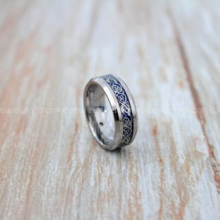 Dragon Ring, Dragon Inlay Ring, Celtic Ring, Damascus Steel Silver Tungsten Ring, Silver Wedding Band, Silver Tungsten Ring with Black Carbon Fiber and Silver Celtic Dragon Inlay Ring
