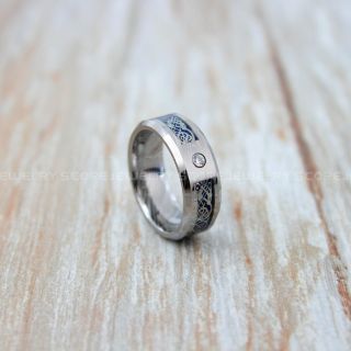 Dragon Ring, Dragon Inlay Ring, Celtic Ring, Damascus Steel Silver Tungsten Ring, Silver Wedding Band, Silver Tungsten Ring with Black Carbon Fiber and Silver Celtic Dragon Inlay Ring