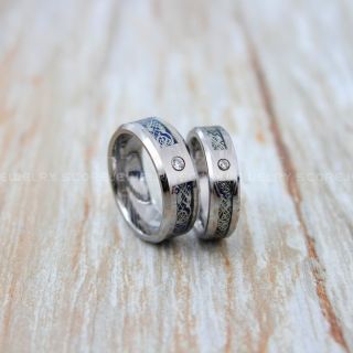 Dragon Ring, Dragon Inlay Ring, Celtic Ring, Damascus Steel Silver Tungsten Ring, Silver Wedding Band, Silver Tungsten Ring with Black Carbon Fiber and Silver Celtic Dragon Inlay Ring