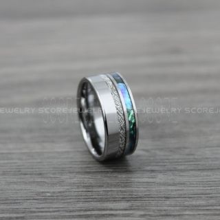 Meteorite Ring, Abalone Shell Ring, Abalone Ring, 10mm Silver Tungsten Wedding Band, Tungsten Ring with Imitation Meteorite Texture Inlay