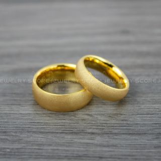 Sandblasted Rings, Sand Blast Finish Tungsten Rings, 2 Piece Couple Set Yellow Gold Tungsten Bands with Domed Edge Sandblasted Finish Tungsten Wedding Bands, Yellow Gold Wedding Rings, Sandblasted Tungsten Rings