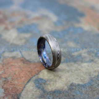 Damascus Steel Ring, Damascus Steel Wedding Band, Gunmetal Ring, Rose Gold Tungsten Band Damascus Steel Pattern Laser Engraved Tungsten Wedding Ring