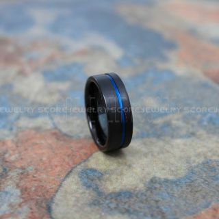 Black Tungsten Wedding Band Brushed Finish Blue Off Center Groove, Black Tungsten Wedding Ring, Black Wedding Band