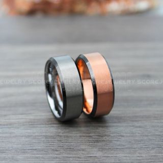 Classic 14K Rose Gold Tungsten Rings, Silver Tungsten Wedding Bands, 2 Piece Couple Set Rose Gold Wedding Bands, Silver Wedding Rings, Rose Gold Tungsten Wedding Rings