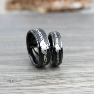 Claddagh Rings, 2 Piece Couple Set Tungsten Ring, Claddagh Hearts Wedding Bands, Celtic Rings, Trinity Knot Wedding Rings, Trinity Knot Wedding Bands, Black Claddagh Wedding Bands, Black Claddagh Tungsten Rings