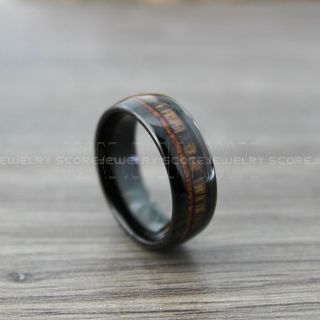 Koa Wood Ring, Koa Wood Wedding Band, 8mm Black Tungsten Band with Domed Edge and Koa Wood Inlay, Koa Wood Tungsten Wedding Ring