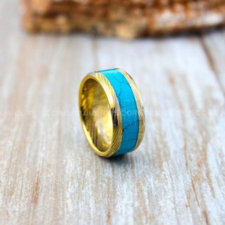 Turquoise Ring, Turquoise Wedding Band, 14K Yellow Gold Tungsten Band Turquoise Inlay, Damascus Steel Pattern Laser Engraved, Turquoise Tungsten Wedding Ring