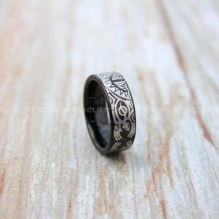8mm Black Tungsten Band with Flat Edge Polynesian Style Tribal Armband Tattoo Design Laser Engraved Ring