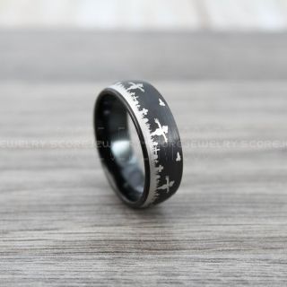 8mm Black Tungsten Band with Domed Edge Scarecrow Halloween Scene Pattern Ring Black Tungsten Ring