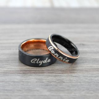 Bonnie and Clyde Rings, Bonnie and Clyde Jewelry, 2 Piece Couple Set Black Tungsten Wedding Bands with Matte Finish, Black Wedding Bands