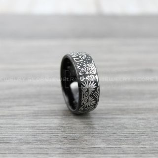 Polynesian Ring, Tribal Ring, Tattoo Ring, 8mm Black Tungsten Band with Flat Edge Polynesian Style Tribal Armband Tattoo Design Laser Engraved Ring