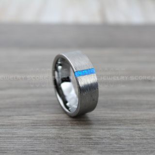 Opal Ring, Blue Opal Ring, Silver Tungsten Band with Opal Inlay, Opal Wedding Band, Opal Wedding Ring, Silver Tungsten Ring