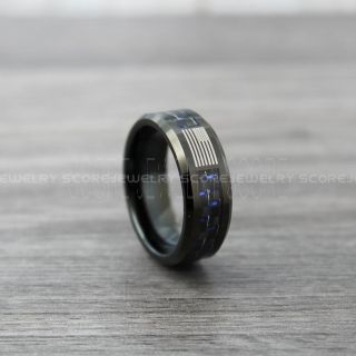 Black Tungsten Ring, American Flag Ring, Black Wedding Band, Black Tungsten Ring with Black Carbon Fiber Inlay, Black Tungsten Wedding Band