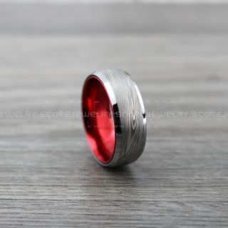 Damascus Steel Ring, Silver Tungsten Ring, Silver Tungsten Band, Damascus Steel Pattern Laser Engraved Tungsten Wedding Ring, Damascus Steel Wedding Band